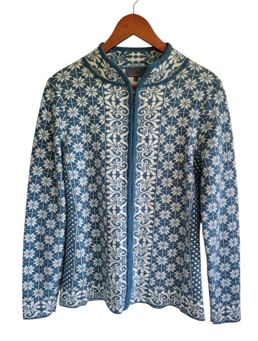 100% Alpaca Blue & White Nordic Pattern Knit Full Zip Cardigan Womens